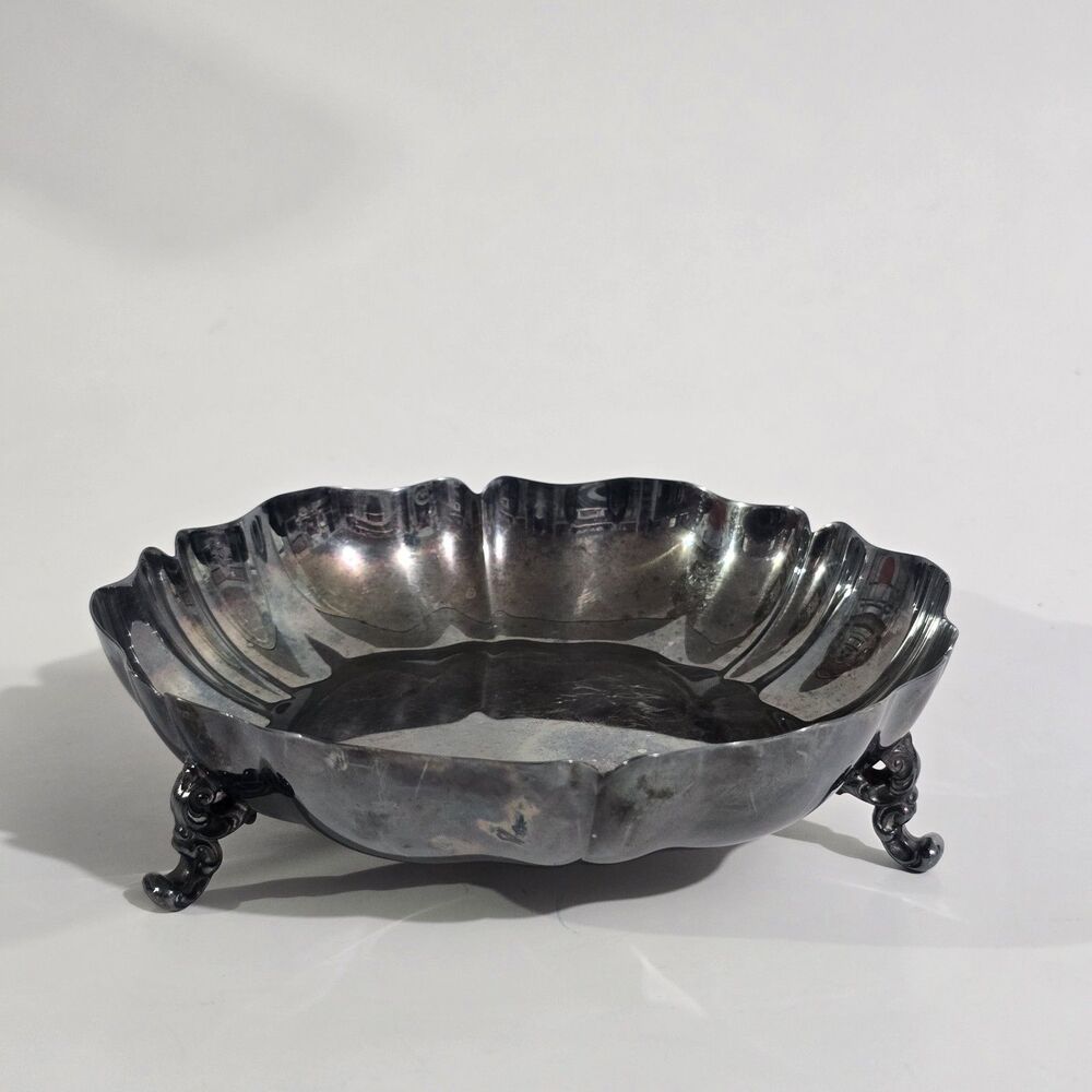 Vintage - Bowl Tray - Silverplate Round Scalloped Patina 3 Legs - Silver